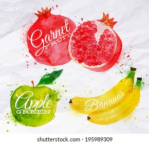 Colores y manchas de color de la fruta con un plátano para pulverizar, granado, verde manzana