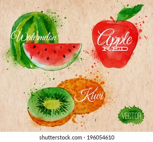 Fruit set drawn watercolor blots and stains with a spray watermelon, kiwi, apple red in kraft