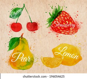 Fruit set drawn watercolor blots and stains with a spray cherry, lemon, strawberry, pear in kraft