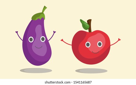 Fruit set eggplant and apple waving hands, smiling. Vector illustration in eps10, graphic design. Color icon