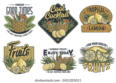 Fruit set or exotic eco elements for vegetarian menu. Organic nature ingredients for food market. Collection of retro-styled fruit and cocktail labels, perfect for summer vibes.