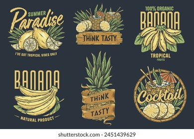 Fruit set or exotic eco elements for vegetarian menu. Organic nature ingredients for food market. Collection of retro-styled fruit and cocktail labels, perfect for summer vibes.