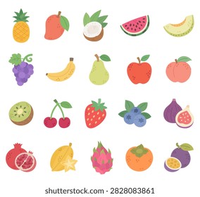 Fruit set featuring pineapple mango coconut watermelon melon grape banana pear apple peach kiwi cherry strawberry blueberry fig pomegranate carambola