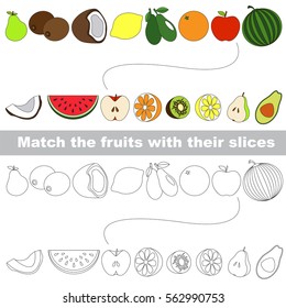Fruit set to find the appropriate slice, to compare and connect objects and their relevant pairs, the matching educational kid game with simple gaming level for preschool kids.