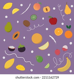 Fruit set flat design with doodle elements on the background. Includes tropical fruit papaya, mangosteen, mango citrus, etc.