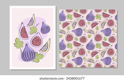 Conjunto de frutas en diseño plano. Patrón y póster sin costuras con higos y hojas para tela, tarjetas, papel pintado en estilo simple. Ilustración vectorial.
