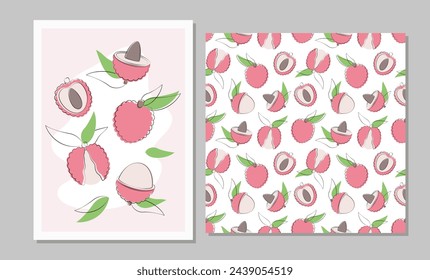 Fruit set in flat design. Seamless pattern and poster with lychee and leaves for fabric, cards, wallpaper in simple style.Vector illustration.
