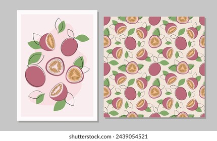 Fruit set in flat design. Seamless pattern and poster with passion fruit and leaves for fabric, cards, wallpaper in simple style.Vector illustration.
