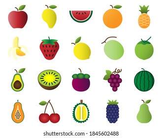 Fruit set flat icon. vector illustration. Set of fruits apple, lemon, banana, orange, pear, pineapple, grapes, cherries, strawberry.