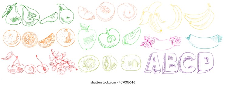 Fruit set in the graphical version of colored pencils
