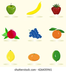 Fruit set. Green apple, yellow banana, red strawberry, yellow lemon, blue grapes, orange, tangerine, pomegranate on a light pink background, hand drawing, vector