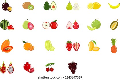 Fruit set hand drawing banana, kiwi, avocado, pear, lemon, papaya, orange, strawberry, manggo, pineapple, cherry, grapefruit