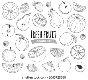 Fruit set hand drawn doodle sketch, many fruit line drawing isolated on white background, orange, apple, pear, peach, apricot, lemon, strawberry, watermelon, for packaging or other design.