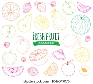 Fruit set hand drawn doodle sketch, many fruit colorful line drawing isolated on white background, orange, apple, pear, peach, apricot, lemon, strawberry, watermelon, for packaging or other design.