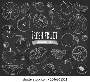 Fruit set hand drawn doodle sketch, many fruit white line drawing isolated on black background, orange, apple, pear, peach, apricot, lemon, strawberry, watermelon, for packaging or other design.