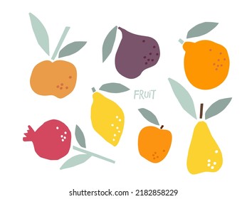 Juego de frutas. Esbozo de doodles dibujado a mano aislado. Gracioso coloreado Abstract Vector plantilla de alimentos para menú, pegatina, concepto de dieta detox, mercado de agricultores. Frutas tropicales naturales. Clásicos coloreados con ingredientes