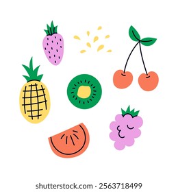 Fruit set in hand drawn flat style. Collection of vibrant berries pineapple raspberry orange strawberry cherry kiwi design elements. Vector illustration