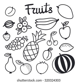 Fruit set. Hand-drawn black and white different cartoon fruits. Doodle drawing. Vector illustration. 