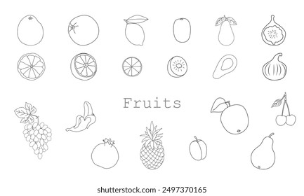 Conjunto de frutas, dibujado a mano. Dibujo del contorno aislado en un fondo blanco. Frutas enteras y picadas.  Ilustración, icono, Plantilla para colorear.