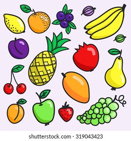 Fruit set. Hand-drawn different cartoon fruits. Doodle drawing. Vector illustration. 