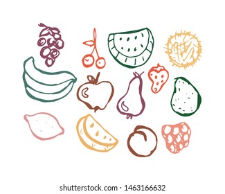 Fruit set hand-drawn doodle. Vector color contour isolated illustration.