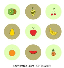 fruit set icon verctor kiwi grape cherry pear apple banana orange watermelon pineapple food