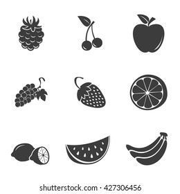Fruit set icons. Flat vector illustration in black on white background.