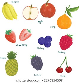 Fruit set illustration. Banana, apple, orange, strawberry, blueberry, raspberry, pineapple, blackberry,  cherry 