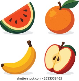 ilustração de conjunto de frutas de melancia, laranja, banana e maçã