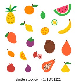 Fruit Set Isolated On White Background. Doodle Natural Tropical Fruits. Hand Drawn Organic Food. Healthy Fresh Salad. Cartoon Icons. Vegan Menu. Summer Sale Collection. Vector Illustration.