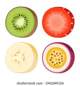 Fruit set. Kiwi, banana, passionfruit, strawberry. Vector.