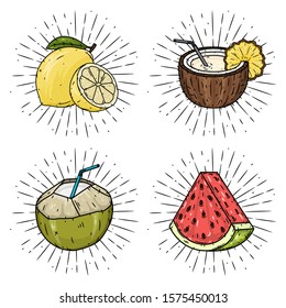 Fruit set - lemon, coconuts and watermelon