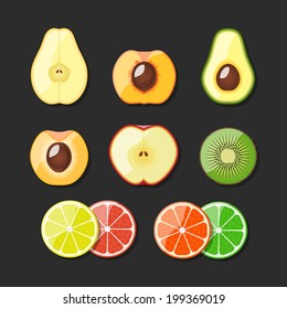 Fruit set. Lemon, lime, orange, tangerine, grapefruit, peach, apricot, pear, avocado, apple, kiwi. Vector illustration.