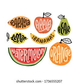 Fruit set with lettering. Isolated objects on white background. Fruit logo or element for design.Vector illustration.