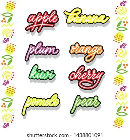 Fruit set of the names of the letters. Stickers. Isolated objects on white background. Logo or design element. Vector illustration.