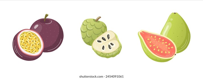 fruit set on transparent background	, cherimoya, passion fruit, guava