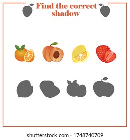 Conjunto de frutas: naranja, limón, melocotón, fresa. Encuentra la sombra correcta. Juego de correspondencia para niños. Página de actividad de color. Rompecabezas para los niños.