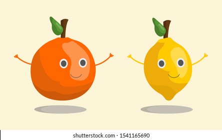 Fruit set orange and lemon waving hands, smiling. Vector illustration in eps10, graphic design. Color icon