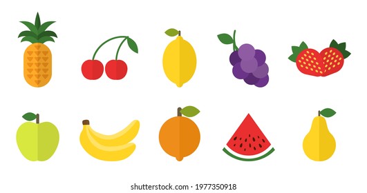 Fruit set. Orange, strawberry apple lemon, banana pineapple watermelon grapes pear, cherry. Summer vegetarian food. Healthy organic juice. Citrus dessert. Vegan, tropical. Vector illustration.