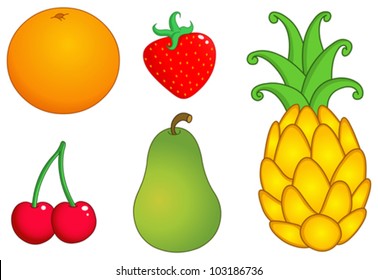 Fruit set: orange, strawberry, pineapple, cherry and pear