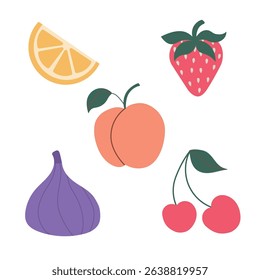 Fruit set. Organic vitamins and healthy food collection. Watermelon, banana, peach, apple, cherry, pear, lemon. Flat design. Vector