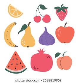 Fruit set. Organic vitamins and healthy food collection. Watermelon, banana, peach, apple, cherry, pear, lemon. Flat design. Vector