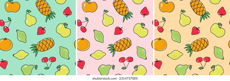 Fruit set pattern.  A bright colorful set of delicious summer fruits and berries. Seamless pattern. Doodle style.  Fresh multicolored cartoon berries and fruits. Contour drawings,  vector background. 