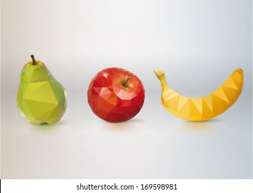 Fruit Set: pear, apple, banana. Low-poly triangular style illustration