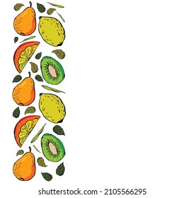 Fruit set of pear kiwi orange slice lemon and leaves in left column. Green orange yellow colors. Set is for fruit juice, packaging, business card, flyer, banner, template, sticker. Vector illustration