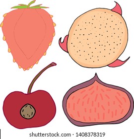 fruit set - pieces of cherry, strawberry, dragon fruit and figs on a white background. Vector doodle illustration for menu design, catalogs, magazines and booklets.