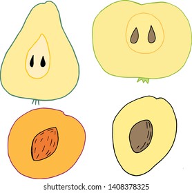 fruit set - pieces of pear, apple, peach and plum on a white background. Vector for menu design, catalogs, magazines and booklets.