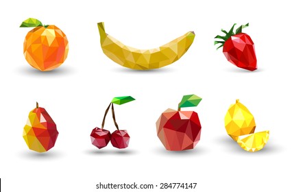 Fruit set of polygons . Apple, lemon , cherry, banana, orange, strawberry and pear. Vector Illustration