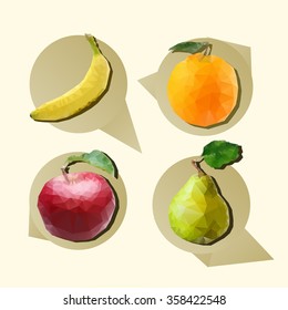 Fruit set of polygons. Banana, orange, apple, pear. Vector illustration.