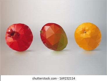 Fruit set: pomegranate, mango,orange. Low-poly triangular style 